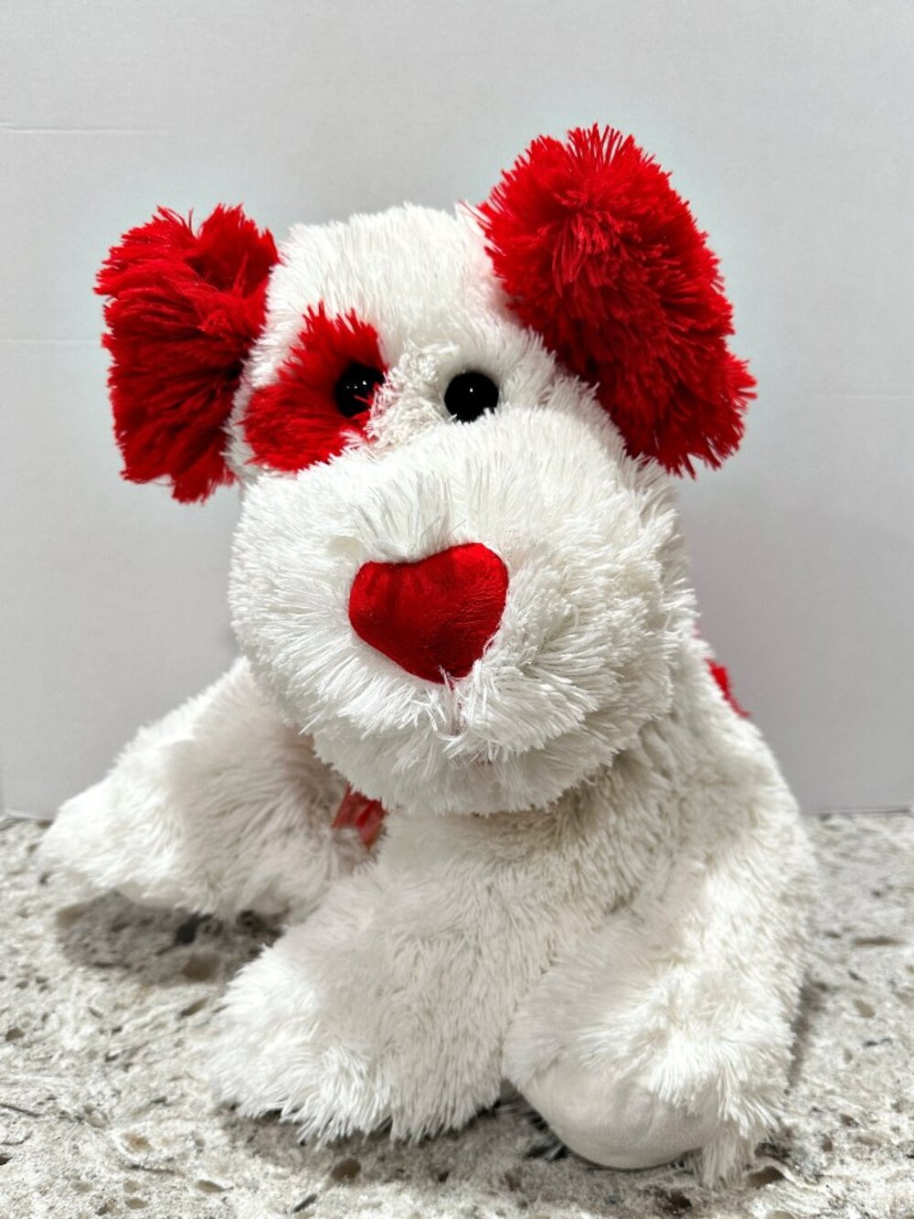 Vintage A Mart Puppy Dog Plush Shaggy White with Red Hearts Floppy 16" Valentine